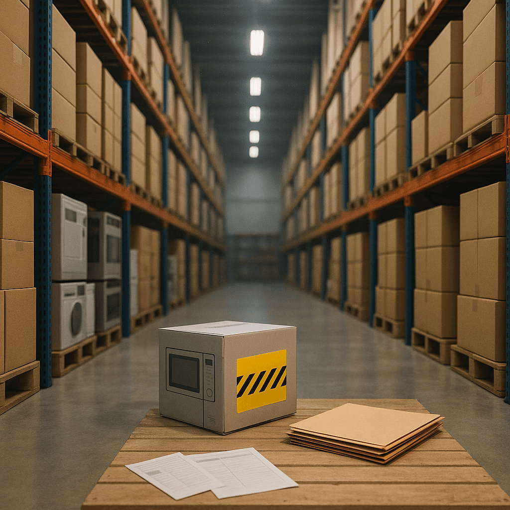 Warehouse shelves of identical products and a highlighted item representing funding long-timeline defective-product injury cases.