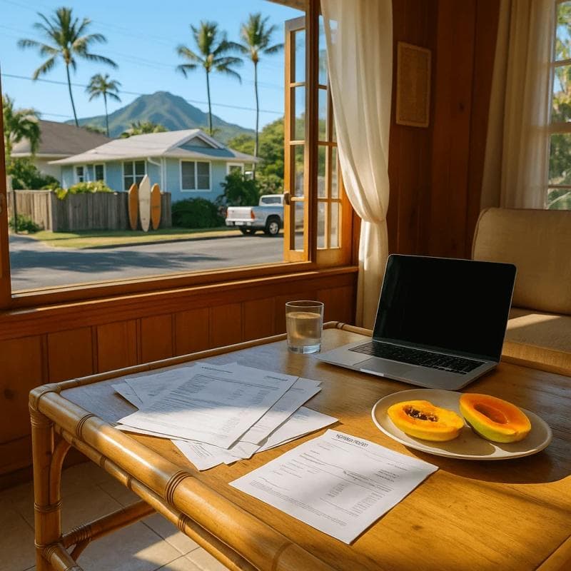 Hawaii pre settlement funding concept with Honolulu scenery and home financial documents