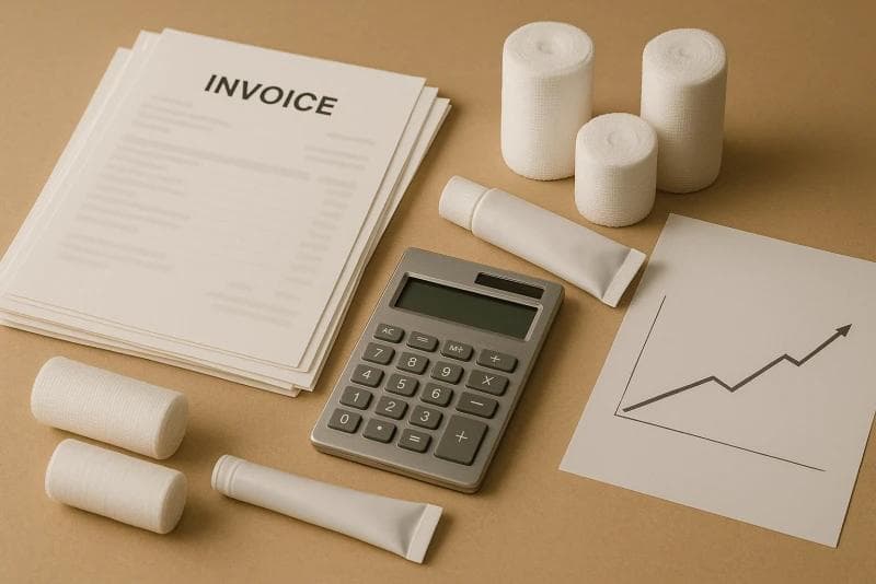Burn care supplies, invoices, and graph. Image representing burn injury lawsuit costs and legal funding