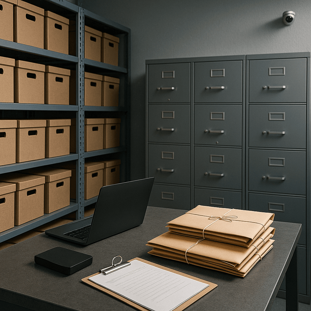 Secure records room with file boxes, locked cabinets, and a closed laptop representing data privacy in legal funding