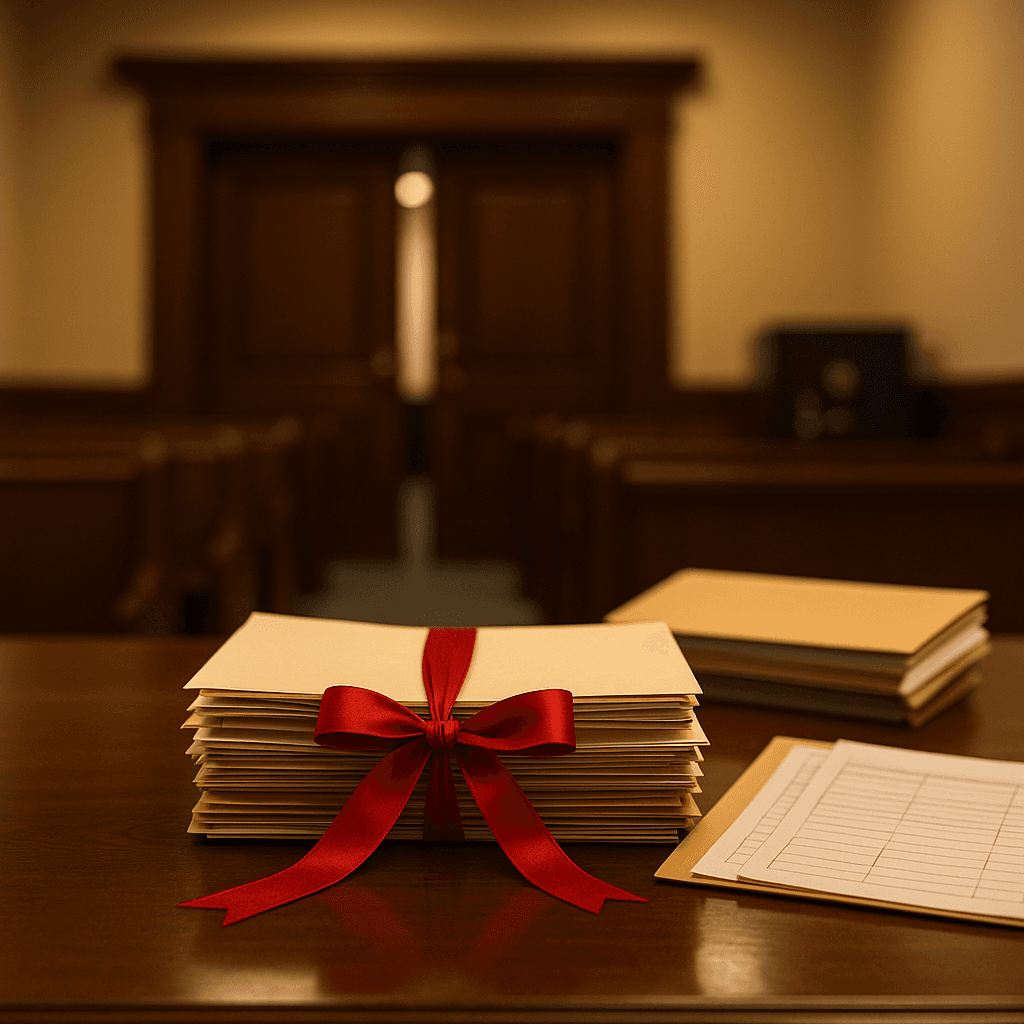 Legal folders bound with a knot and courtroom doors in the background symbolizing funding options in post-settlement disputes and appeals