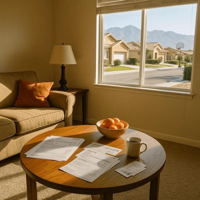 Ontario pre settlement funding scene with Inland Empire neighborhood and household financial documents