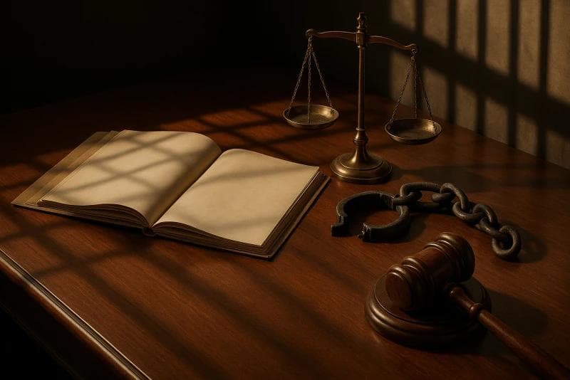 Legal desk with gavel, broken shackle, and law book. Symbolic image for wrongful imprisonment funding.