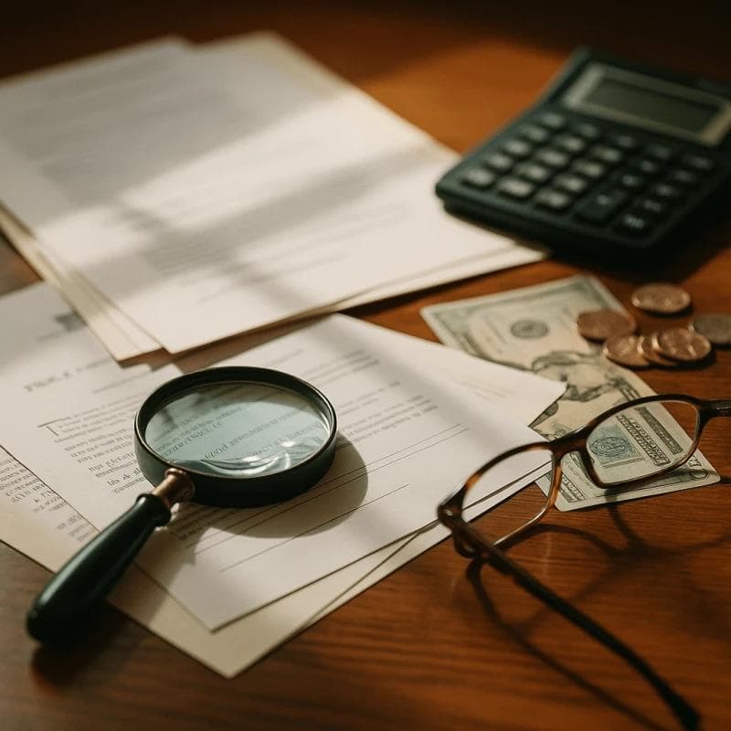 Financial documents with magnifying glass and calculator showing hidden expenses in lawsuit loans