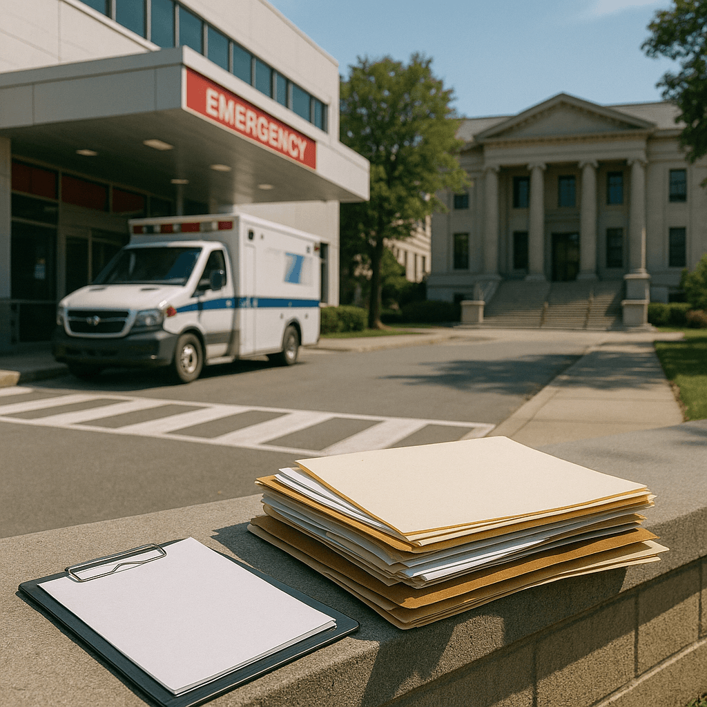 Hospital entrance, government building, and case files symbolizing legal funding and Medicare or Medicaid liens