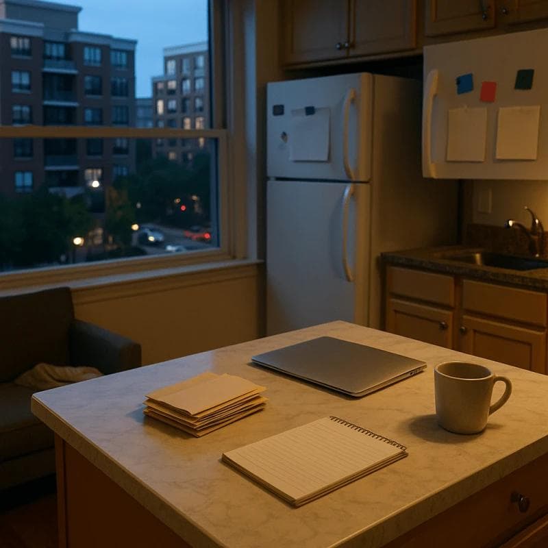 Arlington apartment kitchen with bills and laptop representing pre settlement funding in Arlington helping residents manage living expenses