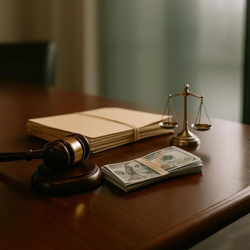 Pre-settlement funding concept shown by gavel, cash and legal files on conference table