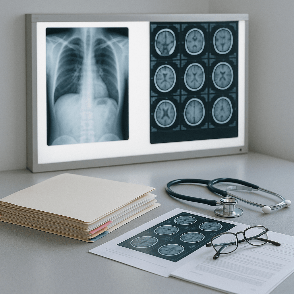 Medical records, imaging scans, and files arranged on a clinic desk representing funding for plaintiffs with preexisting injuries