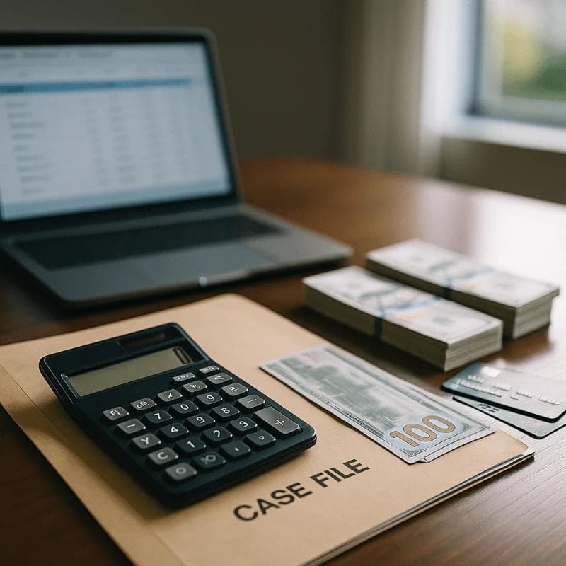 Calculator with money on legal documents symbolizing lawsuit loan funding estimates