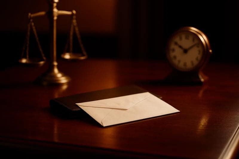 Settlement check delay symbolized by sealed envelope, scales, and clock on lawyer’s desk