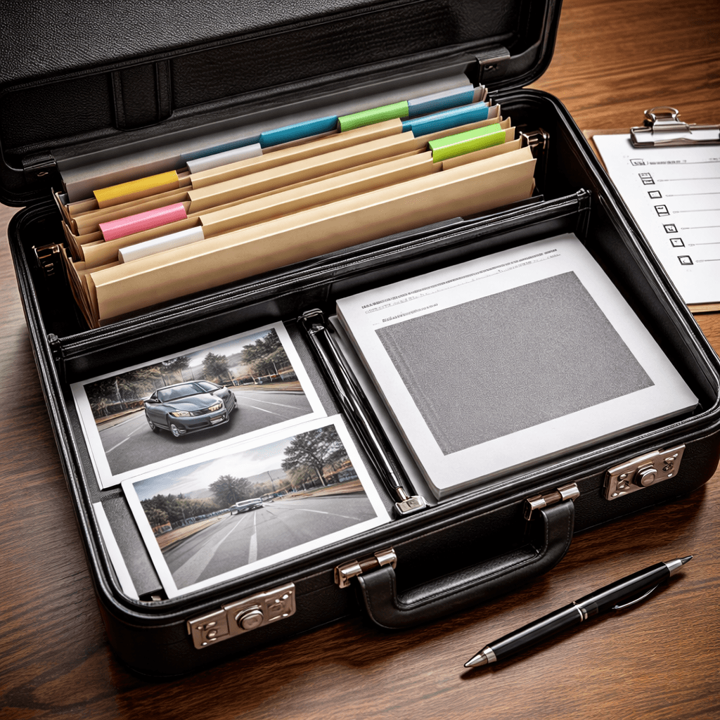 Organized briefcase with folders, photos, and checklist illustrating preparing a case file for fast, fair legal funding offers.