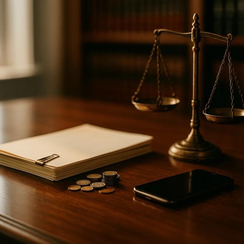 Polished walnut table with legal papers, coins, and balance scale under afternoon light illustrating borrowing money during a pending lawsuit