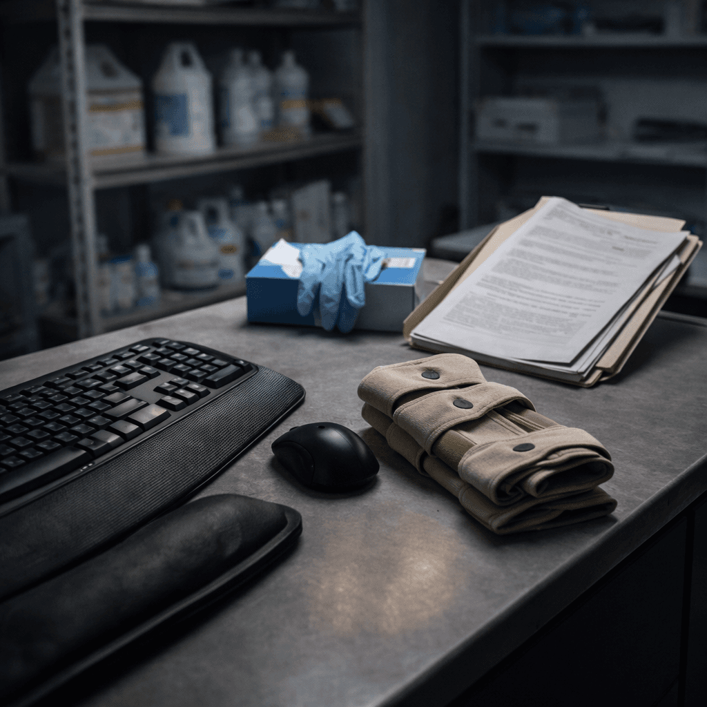 Ergonomic desk setup, braces, and medical forms illustrating funding repetitive-stress and occupational disease claims