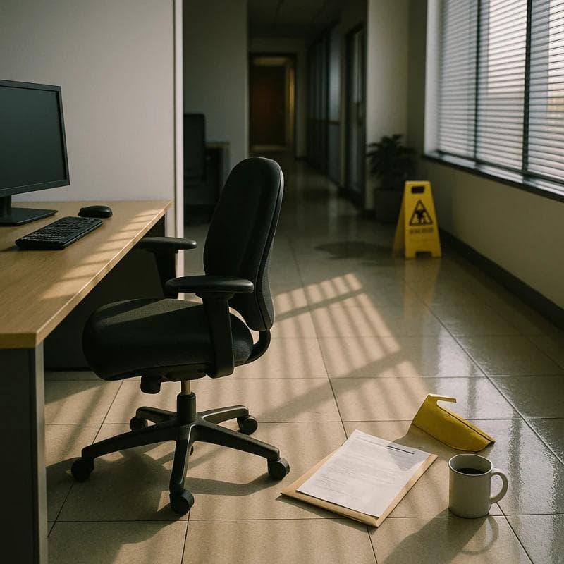 Workplace Negligence Legal Funding empty office with caution sign and reflections