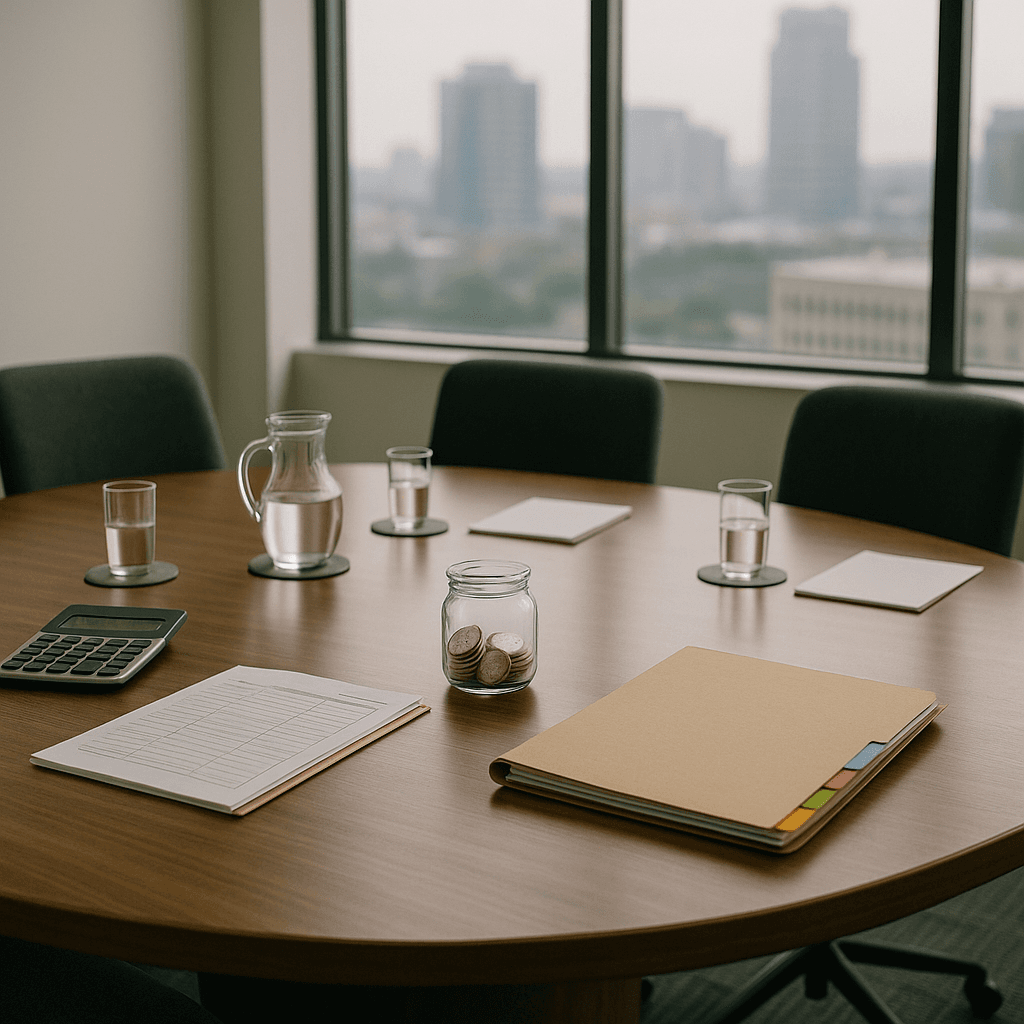 Round conference table with organized folders and blank notepads representing mediation preparation after taking legal funding.