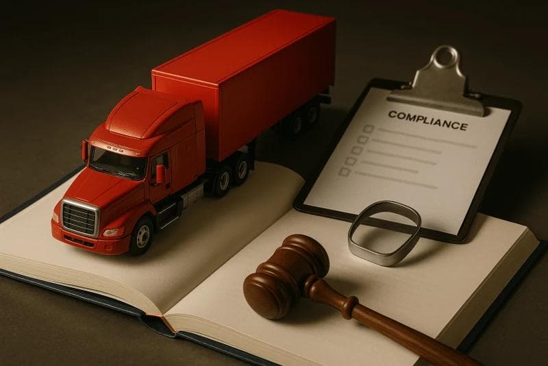 Red semi-truck model, gavel, and law book. Truck accident funding and FMCSA compliance visual