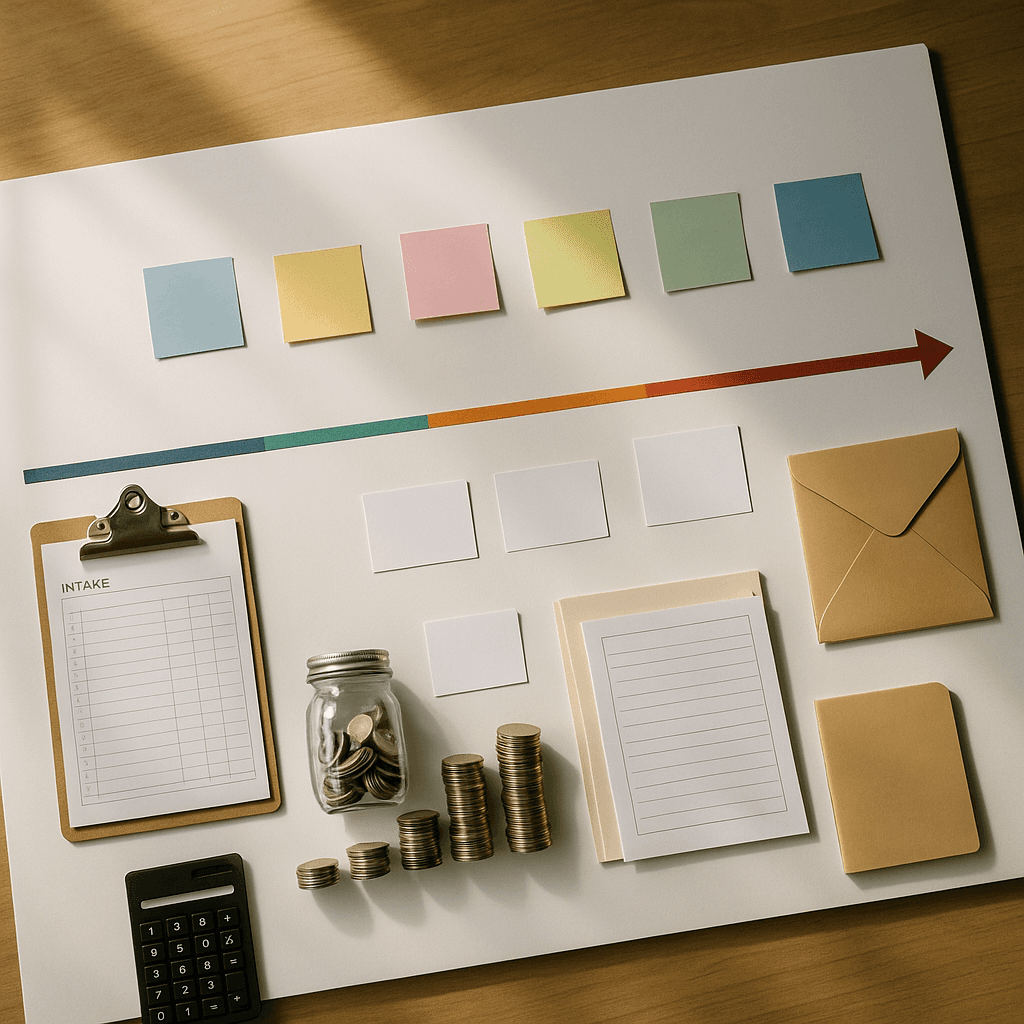 Whiteboard timeline with colored notes, intake form, and envelope symbolizing a legal funding timeline from intake to payoff