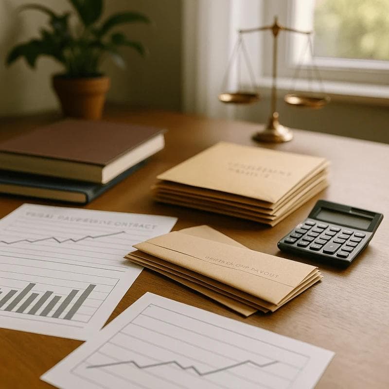 Organized desk with case files, calculator, and legal scales symbolizing pre-settlement funding valuation methods