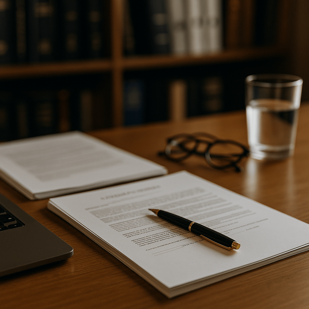 Lawsuit loan agreement paperwork with pen on wooden desk