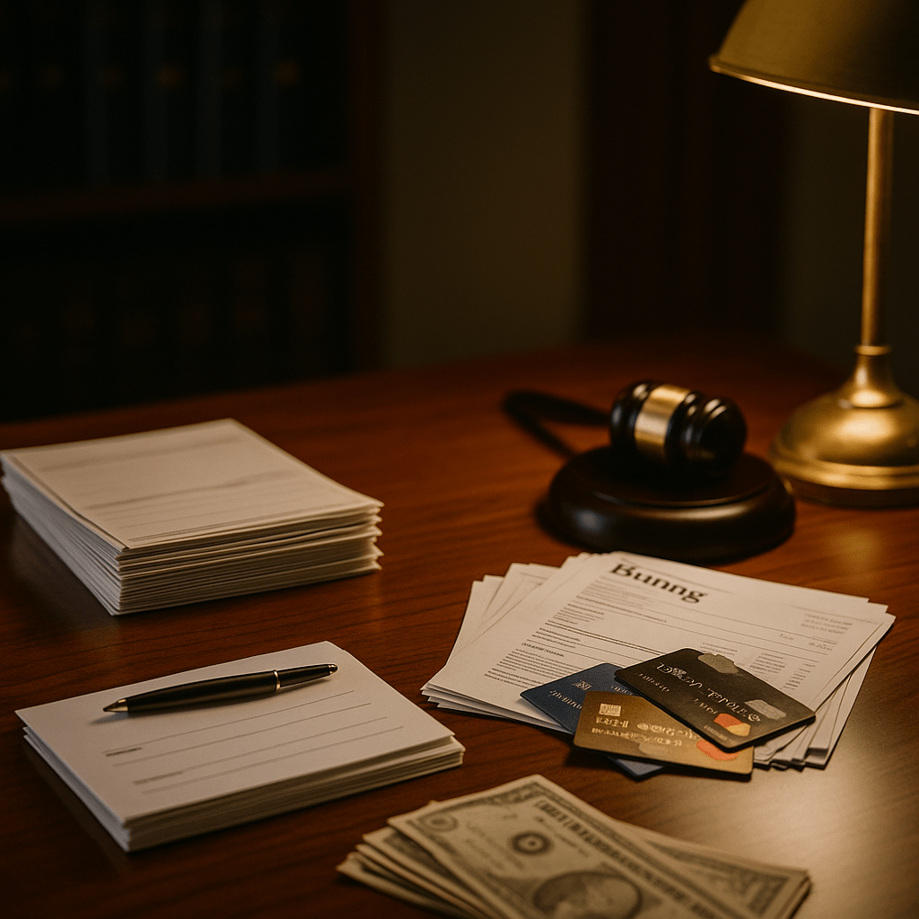 Desk scene with bills and checks showing creditors pursuing personal injury settlements