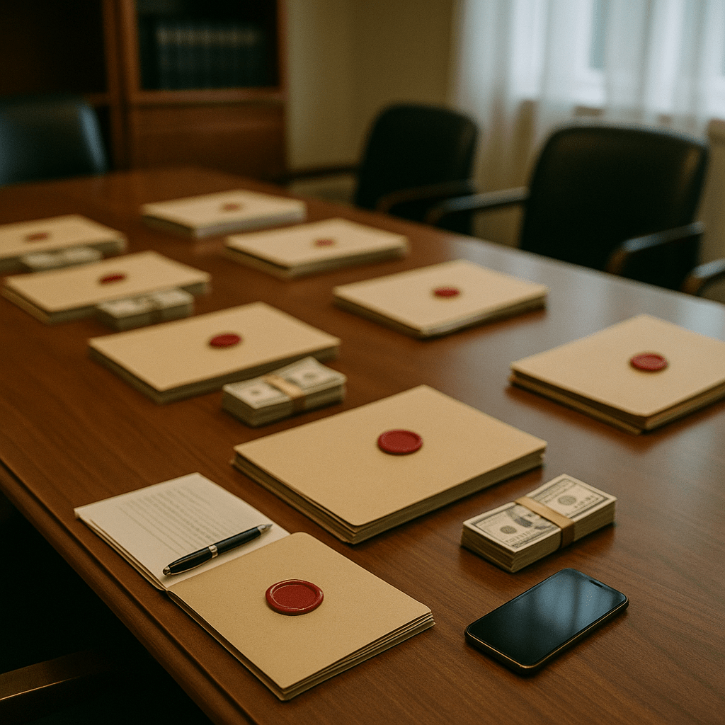 Office table with multiple case files and cash representing borrowing against class action lawsuits