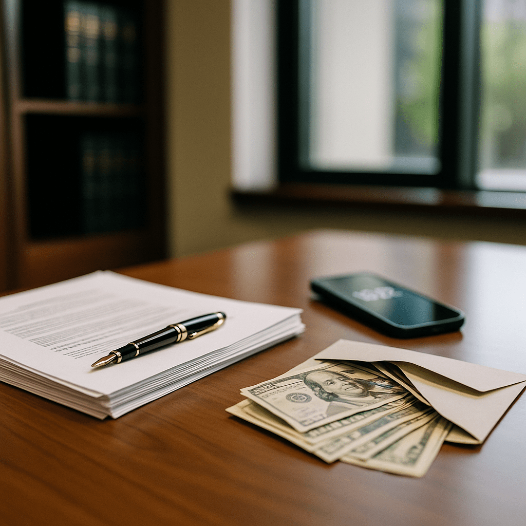 Legal paperwork, money, and clock symbolizing lawsuit loan approval time
