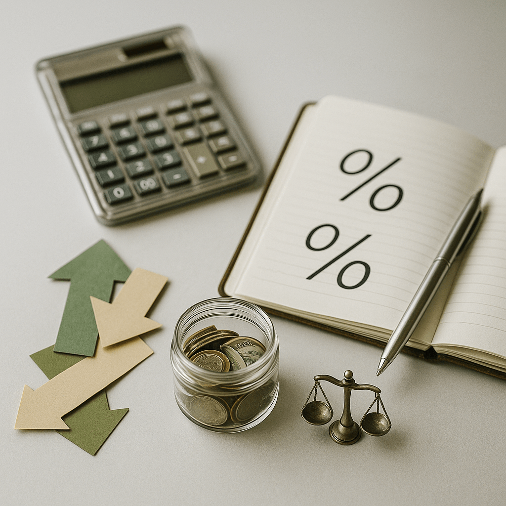 Calculating cost of pre-settlement funding illustrated by calculator, arrows and blank ledger
