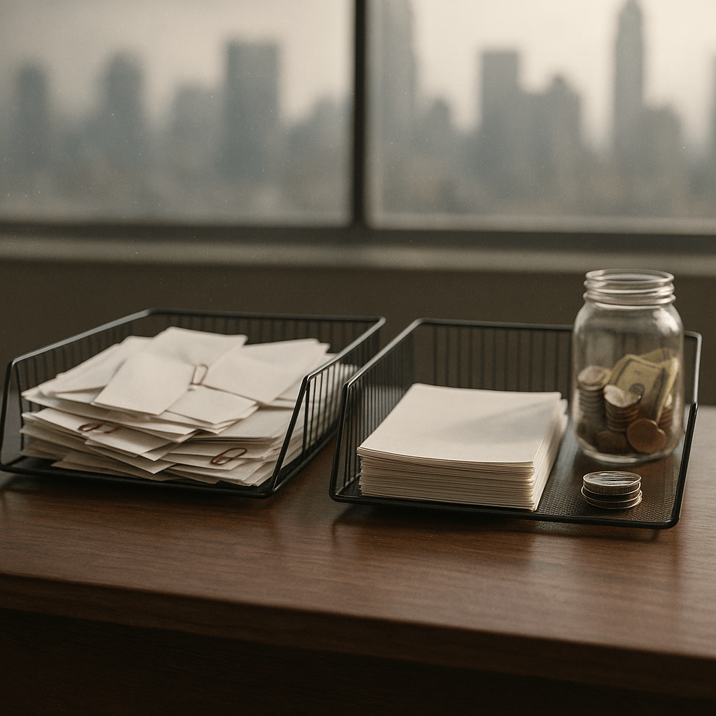 Comparison of legal funding options symbolized by two different document trays on office desk