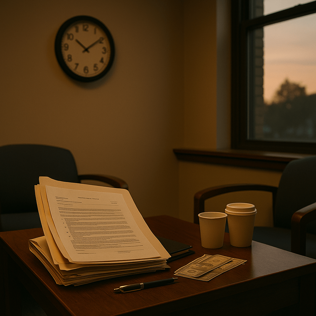Office scene with clock and legal files highlighting personal injury settlement timing delays