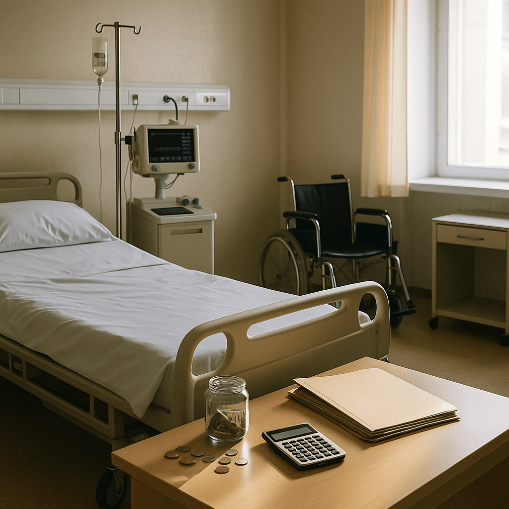 Catastrophic injury case funding challenges shown with hospital room equipment and documents