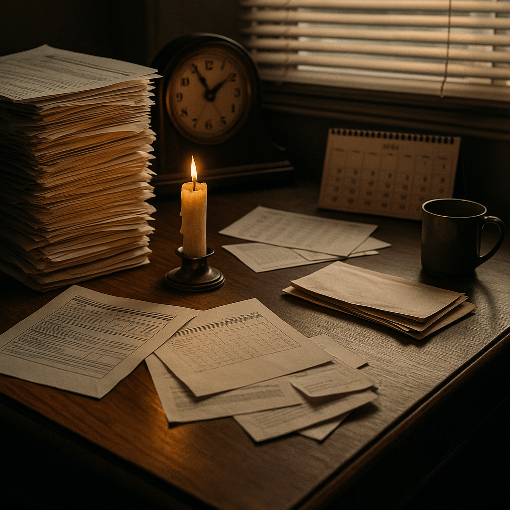 Legal office desk with clock, financial papers, and waiting atmosphere representing lawsuit funding delays and costs
