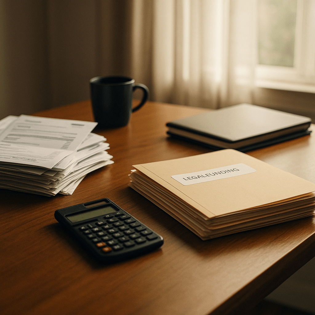 Desk with credit card bills and legal funding papers symbolizing pre-settlement funding as an alternative to payday loans