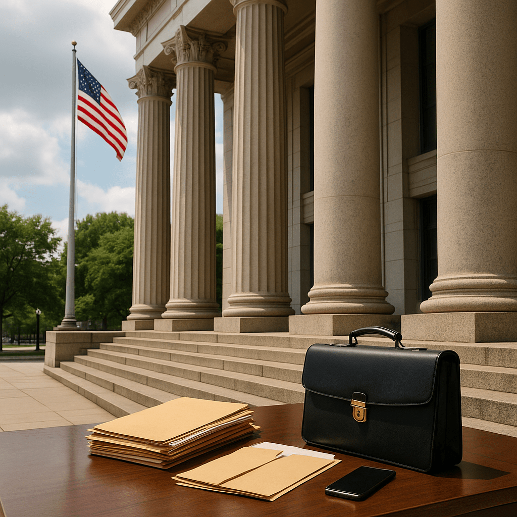 Courthouse exterior with legal documents symbolizing state regulations and interest caps in the legal funding industry